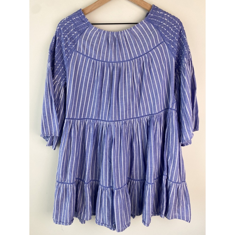 Free People Lola Embroidered Striped Mini Dress S Blue Tiered Coastal Festival - Picture 2 of 7